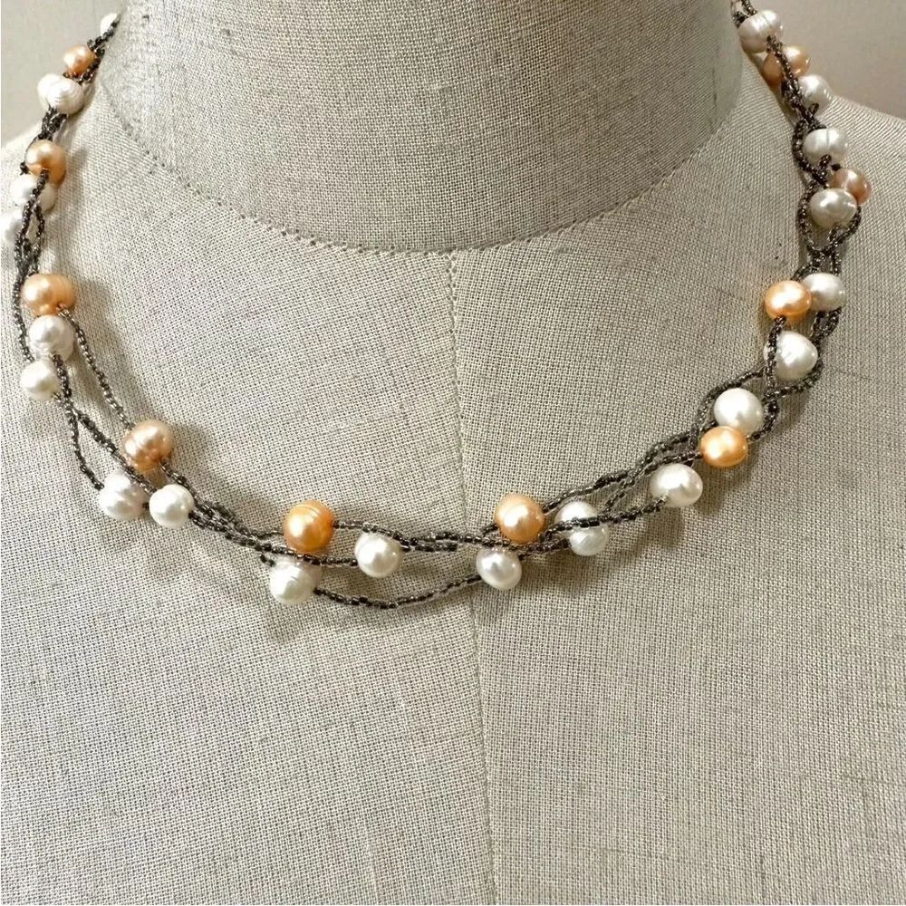 Cream and orange fresh water pearl multi strand necklace